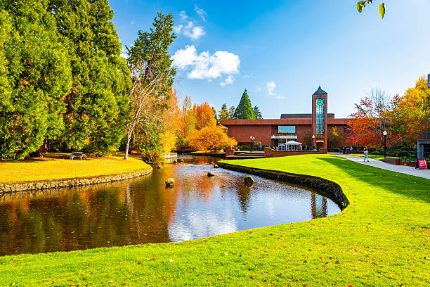 Salem, OR, USA - October 29, 2025: The beautiful campus of Willamette University showcases historic buildings and vibrant autumn foliage under a bright, clear sky in Salem