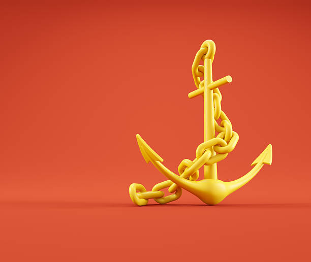 A yellow anchor is intertwined with chains, set against a bold red background. This is a 3d render illustration