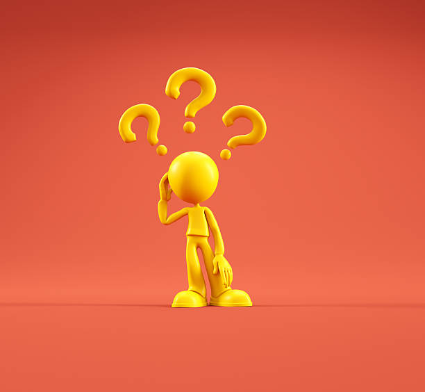 A bright yellow figure stands in a thinking pose on a solid red background. Floating question marks surround the figure, suggesting curiosity or confusion about a topic. This is a 3d render illustration