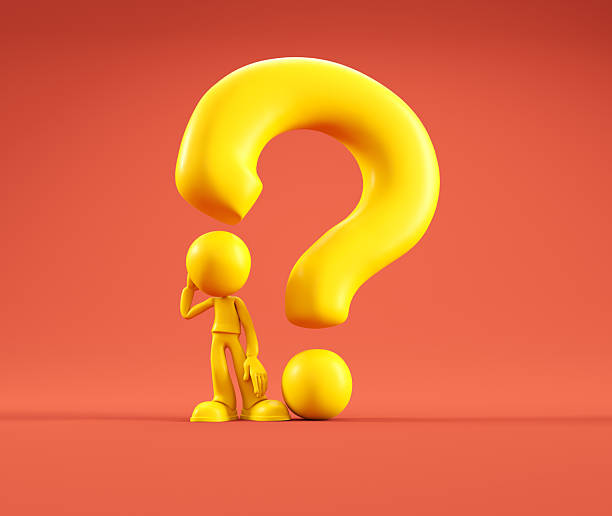 Cartoon-like yellow figure looks confused while standing beside a big yellow question mark against a striking red backdrop. This scene highlights curiosity and inquiry. This is a 3d render illustration