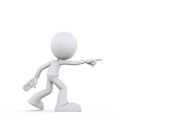 White, cartoon-style character stands with one arm raised and pointing forward. The character has a lively pose, giving a sense of action and excitement against a simple background. This is a 3d render illustration
