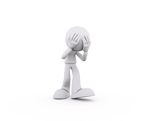 A simplified character with a round head and no facial features stands with hands covering its face, expressing sadness or frustration in a minimalist style. This is a 3d render illustration
