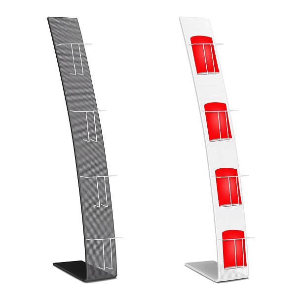istock Metal literature display floor stand. Black and white. Realistic 3d vector mockup. Vertical open storage rack. Mock-up. Brochure, catalogue, magazine, leaflet, flyer holder. Template for design 2249489033