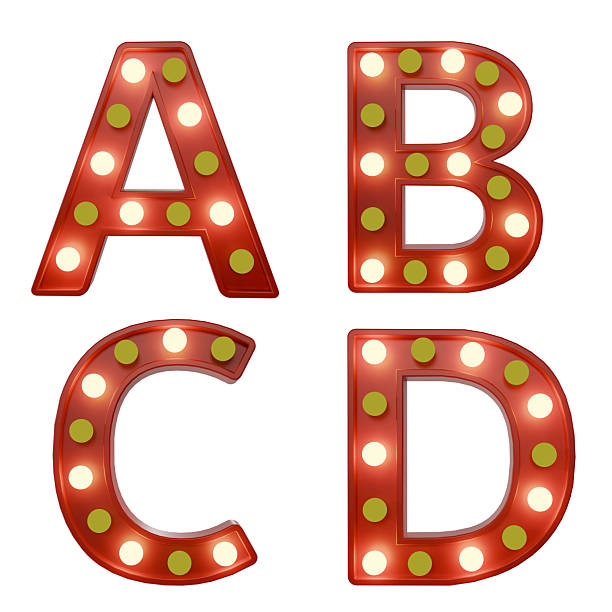 istock 3D render red and gold marquee letters A, B, C, D. Illuminated vintage light bulb sign for show, festival, event, and advertising design. 2249493336