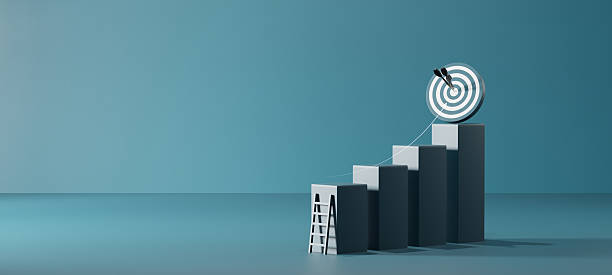 istock Business growth concept with ascending bar steps leading to a target board with arrows. Symbol of progress, achievement, strategy, leadership, and reaching business goals. 2249493705