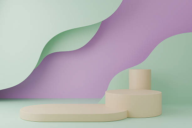 istock Single round podium with a pastel layered geometric abstract background 2249493998