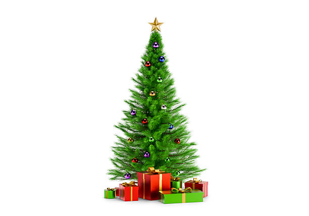 istock Decorated Christmas tree with presents for new year isolated on white background 2249494983