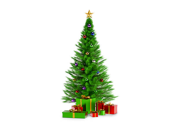 istock Decorated Christmas tree with presents for new year isolated on white background 2249494984