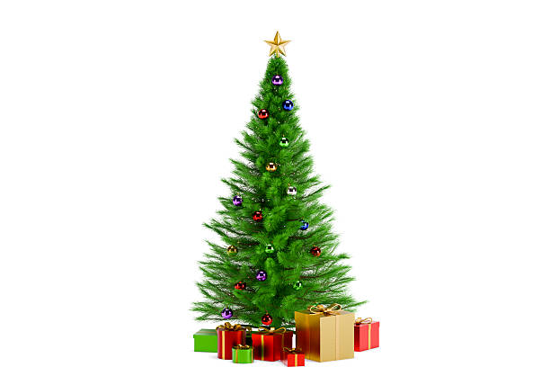 istock Decorated Christmas tree with presents for new year isolated on white background 2249494997