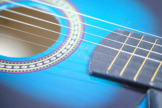 Guitar close up on blue background with filter effect retro vintage style