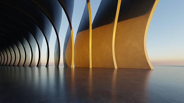 istock Abstract curved architecture background, Empty exterior space with concrete floor, Futuristic modern building for car presentation backdrop, 3d rendering 2249497535