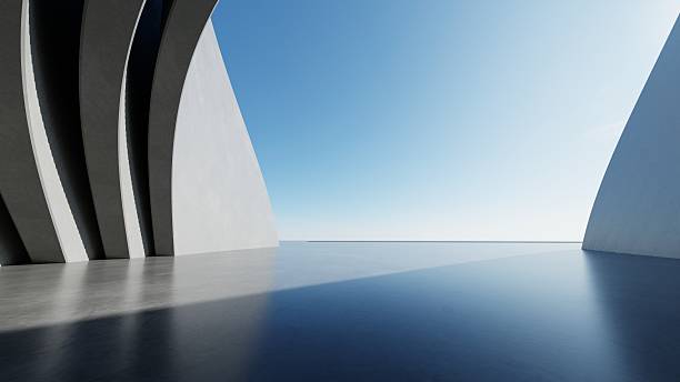 istock Abstract curved architecture background, Empty exterior space with concrete floor, Futuristic modern building for car presentation backdrop, 3d rendering 2249497552