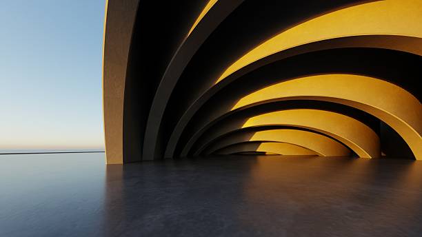 Abstract curved architecture background, Empty exterior space with concrete floor, Futuristic modern building for car presentation backdrop, 3d rendering