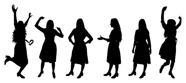 istock Cheerful women silhouettes in various poses, set. Vector illustration 2249497852