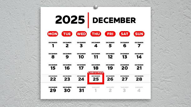 A wall calendar page with the marked date of December 25 on it