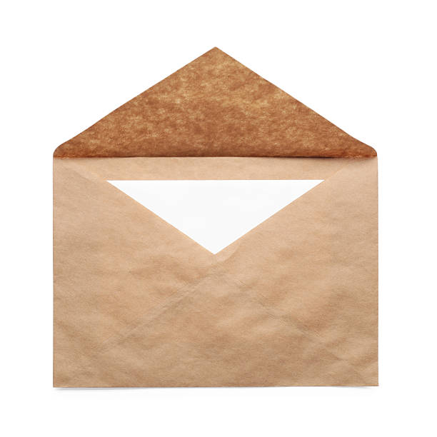 Envelope with card isolated on white, top view. Mockup for design