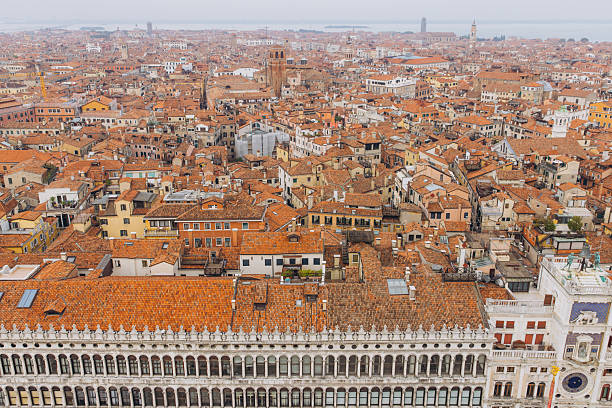 Sprawling cityscape of Venice, Italy, showcasing traditional terracotta rooftops, historic buildings, and canals in the distance