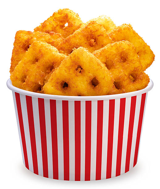 Crispy Hash Browns in paper bucket isolated on white background, Crispy Hash Browns on white With clipping path.