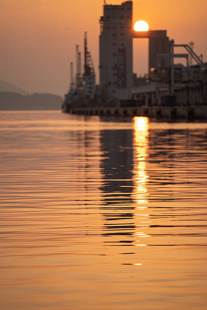 sun reflecting on rippled harbor water with vertical composition, warm gold tones, pier silhouette and gentle waves creating