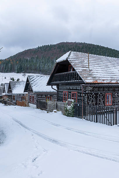 Cicmany village houses displaying unique folk art patterns on a snowy winter day