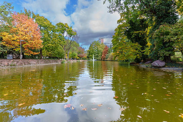 Autumn splendor in a Frankfurt park, showcasing a vibrant fountain and colorful foliage surrounding a peaceful pond.
