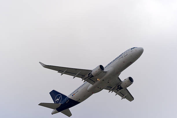 Lufthansa passenger airplane Airbus A320-200 registration D-AIZR taking off from German city of Frankfurt am Main on an autumn day. Photo taken November 3rd, 2025, Frankfurt am Main, Germany.