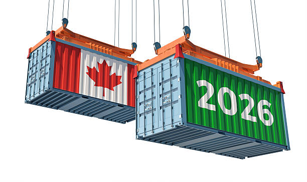 istock Trading 2026. Freight container with Canada national flag. 3D Rendering 2249535698