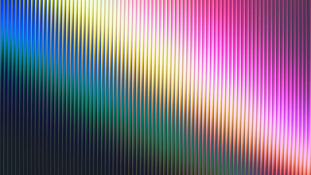 istock Shimmering ribbed glass surface with smooth radiant gradient. Nostalgic retro fractal glass gradient through narrow reflective grooves. Vertical glass fins illuminated by a vibrant multicolor gradient 2249536540