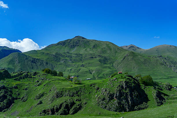 Sunlit green hills and rocky outcrops stretch beneath a bright blue summer sky in Georgia.