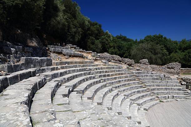 Butrint archaeological site in Albania. Ancient Greek polis and Roman city ruins. Theatre of Buthrotum.