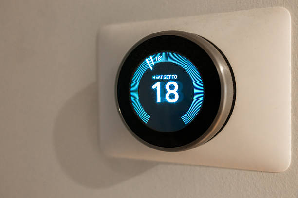 istock Modern smart thermostat on wall at home 2249541065