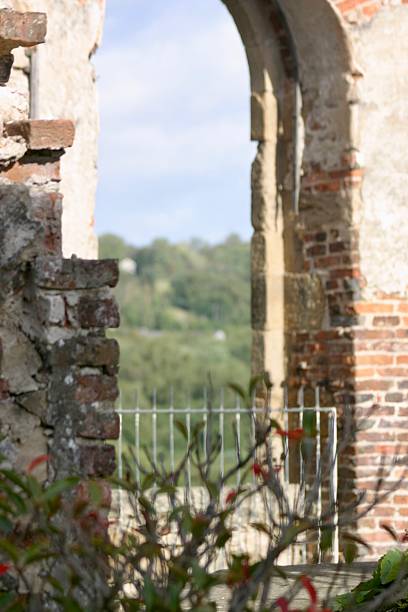 An old brick archway frames a lush green landscape beyond, blending weathered textures with soft natural light to create a serene view through the historic structure’s worn opening nearby today.