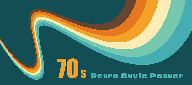 Groovy poster with rainbow parallel lines with perspective in funky dynamic retro colors  70s style decoration . Abstract vector illustration forming vintage poster design, psychedelic background