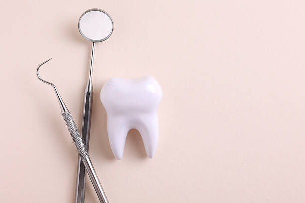 istock Dentistry concept. Model of a tooth and dental instruments on a colored background with space for text. 2249548206
