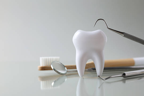 istock Dentistry concept. Model of a tooth and dental instruments on a colored background with space for text. 2249548305