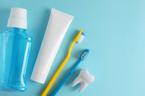 istock Oral hygiene products on a colored background with space for text 2249548440