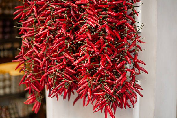 A vibrant bundle of red chili peppers hangs on display . The rich colour and texture create a lively Mediterranean feel, highlighting local produce and traditional market culture.