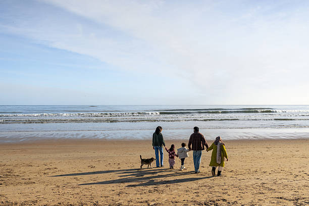 istock Dog and Family Strolling on Beach 2249549448