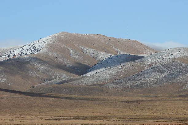 Winter mountain view with snowcapped peaks behind pastures