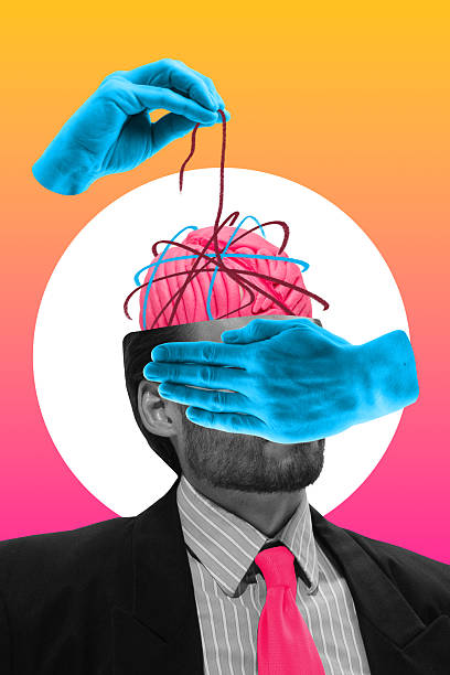 istock Bold colorful poster. Man in suit with yarn brain manipulated by blue hands on gradient background 2249554873