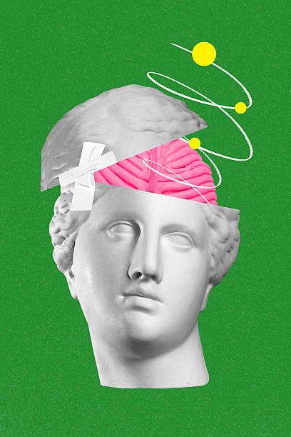 istock Surreal collage art. Broken statue head revealing pink brain with cosmic elements on green background 2249554875
