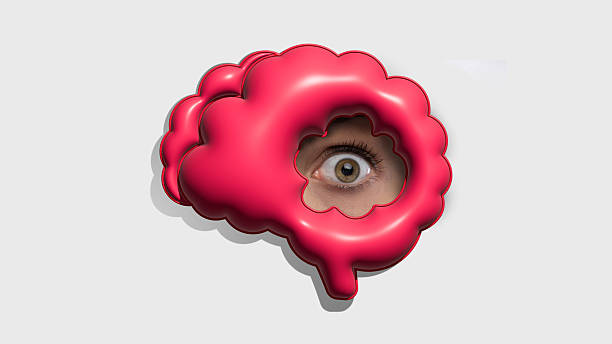 Pop art collage. Human eye peeking through pink brain cutout symbolizing surveillance and awareness. Concept of psychology, control, mental health, propaganda and critical media thinking.