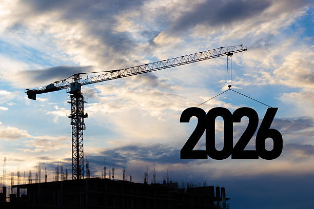 istock Construction crane raised the 2026 New year 2249555594