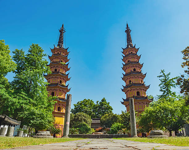 istock Majestic twin pagodas surrounded by lush greenery under bright blue sky in historical site of Suzhou, China. 2249558802