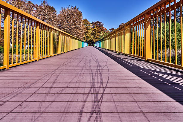 Rainbow colored railings in the park