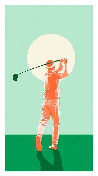 istock Bold bright poster. Back view golfer completing swing with sun as background 2249561824