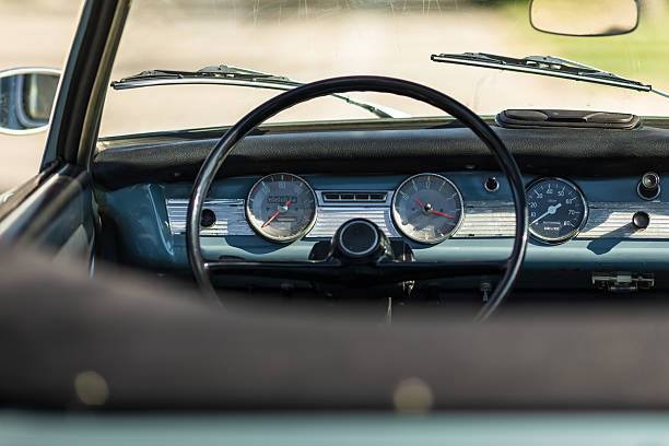 Front view of a vintage car interior focusing on the classic steering wheel and analog gauges behind a slightly weathered windshield. The image highlights retro automotive design, minimalistic controls, and nostalgic driving atmosphere, ideal for themes about classic cars, heritage, and motoring history.