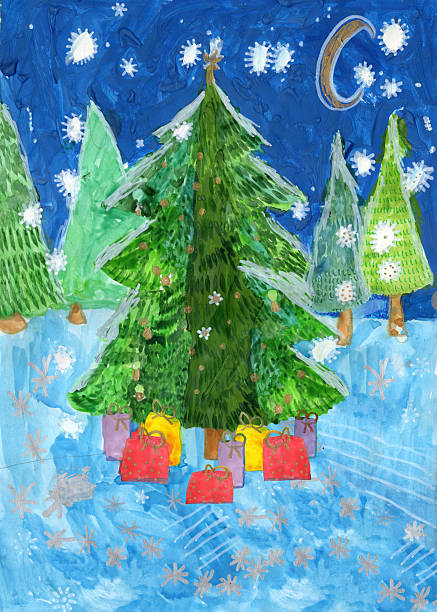 istock New Year's gifts under the Christmas tree in forest and starry night sky. Hand drawn Watercolor and Gouache painting 2249562833