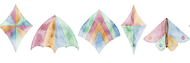 Kite watercolor seamless Border with different shapes. Illustration of seamless Pattern with flying Toys for baby shower greeting cards and childish birthday invitations. Art for frames and banner.