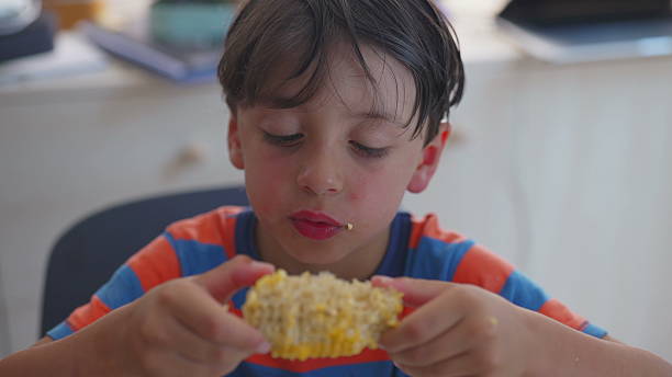 Young boy bites into corn on the cob at dining table, focused expression with crumbs on lips and hands gripping tightly, enjoying food in bright home environment